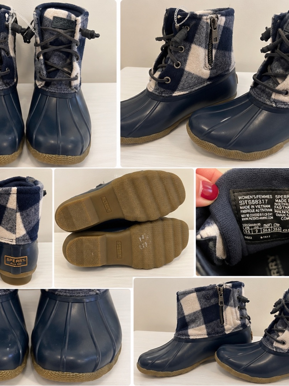 Sperry Navy and White Plaid Kids Duck Boots with Side Zip